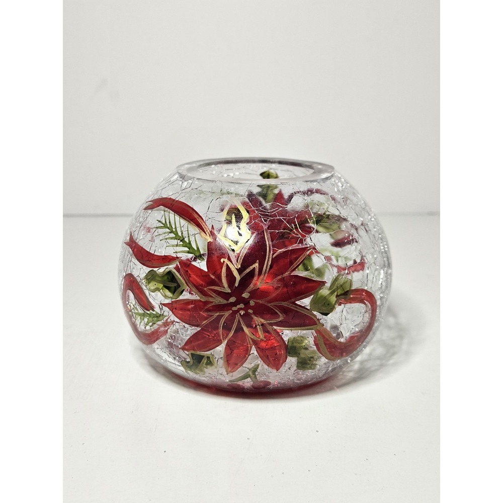 Crystal Clear Christmas Poinsettia Hand Painted Crackle Glass Votive Holder Vtg
